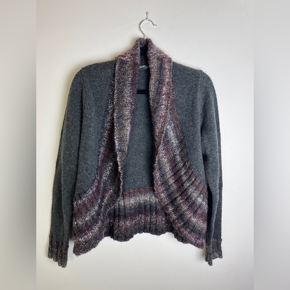 Woolrich Lambswool Open Front Cardigan Sweater M Gray Marled Trim Fall Cozycore - Picture 11 of 12